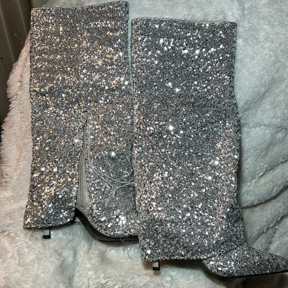 A New Day ABBA Silver Sequin Foldover Boots Size 7 WC (wide calf) NWT - Picture 4 of 9